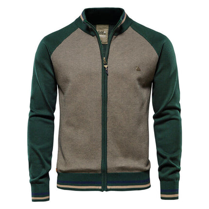 Cardigan masculino de lana, color verde y gris, ideal para otoño. Diseño elegante con cierre frontal de cremallera.