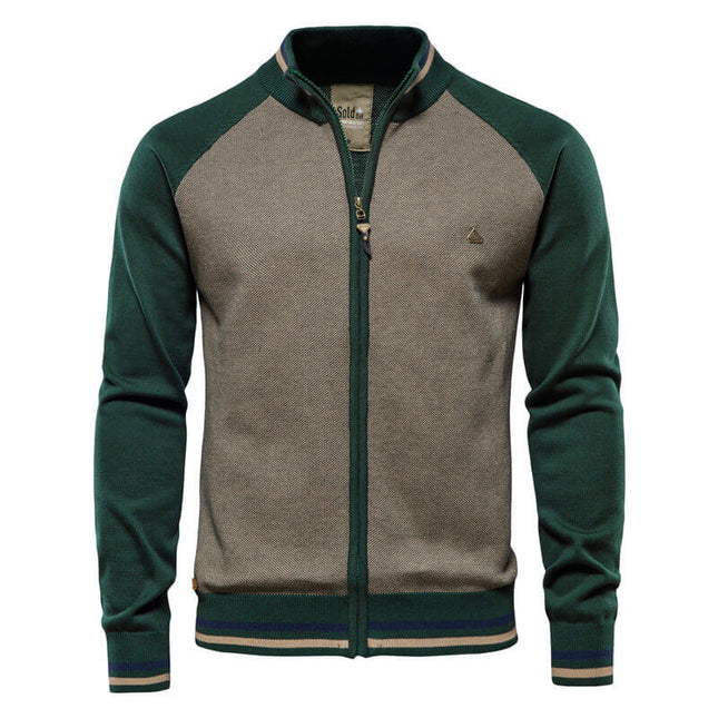 Cardigan masculino de lana, color verde y gris, ideal para otoño. Diseño elegante con cierre frontal de cremallera.
