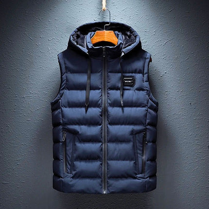 Chaleco Mont Vest azul marino, relleno de algodón, con capucha, para adultos, práctico y abrigado, diseño argentino.