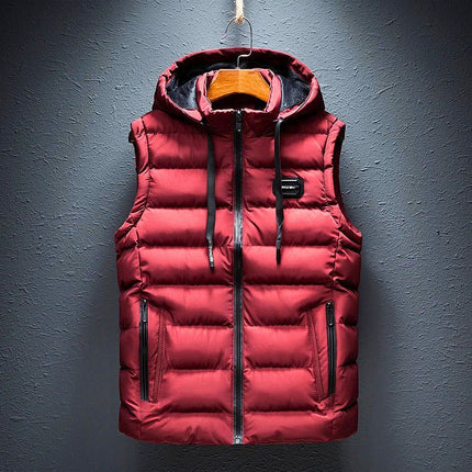 Chaleco Mont Vest para hombre, acolchado rojo con capucha de algodón, cierre frontal, bolsillos funcionales, estilo moderno.