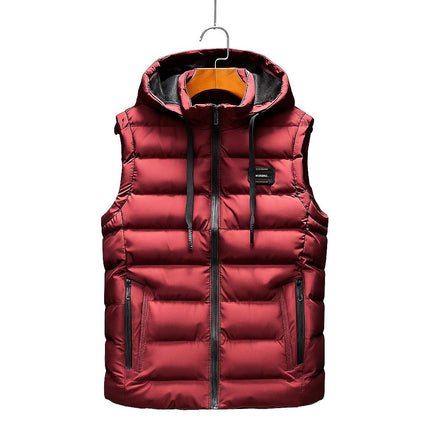 Chaleco Mont Vest rojo para adultos, relleno de algodón, con capucha y bolsillos con cierre, ideal para el invierno.