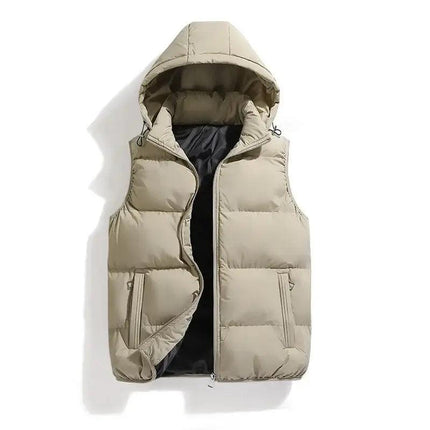 Chaleco ThermoShield beige sin mangas para hombre, con capucha desmontable, acolchado y cálido, ideal para frío.