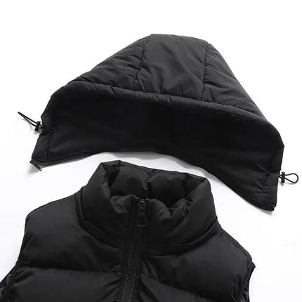 Chaleco ThermoShield negro para hombres, sin mangas con capucha desmontable, relleno grueso para el frío, estilo moderno.
