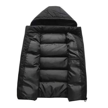 Chaleco ThermoShield negro sin mangas con capucha desmontable, relleno grueso, ideal para hombres en invierno.