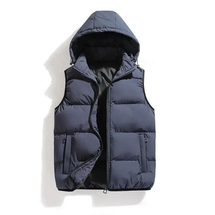 Chaleco ThermoShield azul marino para hombre, sin mangas, capucha desmontable, ideal para clima frío otoñal.