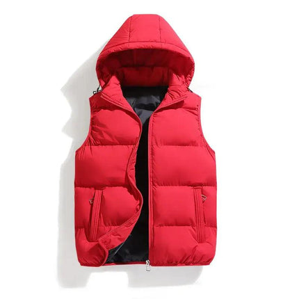 Chaleco ThermoShield sin mangas rojo, material acolchado cálido, capucha desmontable, para hombre, ideal otoño-invierno.