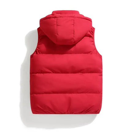 Chaleco ThermoShield rojo con capucha desmontable para hombre, relleno cálido, ideal para otoño e invierno en Argentina.