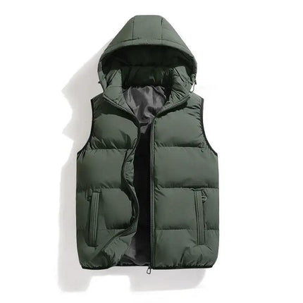 Chaleco ThermoShield verde oscuro para hombre, sin mangas, con capucha desmontable, ideal para otoño e invierno.