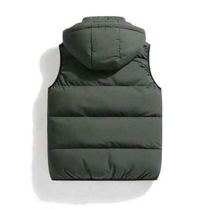 Chaleco ThermoShield sin mangas, verde oliva con capucha desmontable, relleno grueso para hombres, ideal para el invierno.