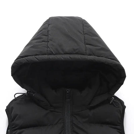 Chaleco negro ThermoShield sin mangas, relleno grueso, capucha desmontable, para hombres, ideal bajas temperaturas.