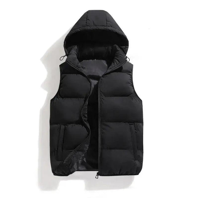 Chaleco ThermoShield negro sin mangas para hombre, capucha desmontable, relleno cálido, ideal otoño e invierno.