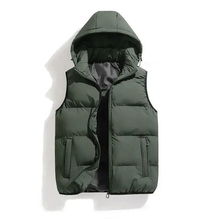 Chaleco ThermoShield verde, sin mangas, capucha desmontable, relleno grueso, ideal para hombres en otoño e invierno.