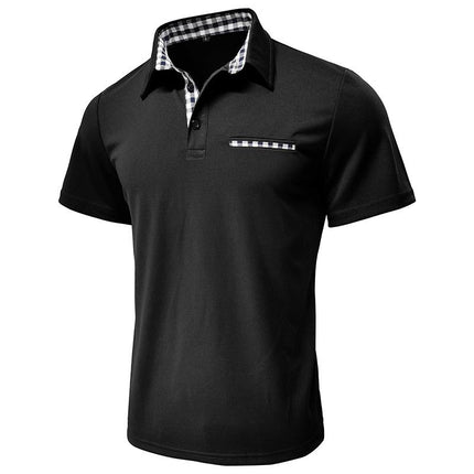 Chomba negra de algodón peinado para hombre con detalles cuadro vichy en cuello y bolsillo, corte entallado.