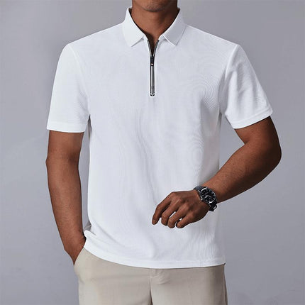 Polo blanco para hombre con cierre un cuarto, mezcla de algodón, ideal para golf o uso casual, estilo sofisticado.