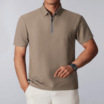 Chomba color beige para hombre, mezcla de algodón, cierre cuarto, ideal para oficina o golf.