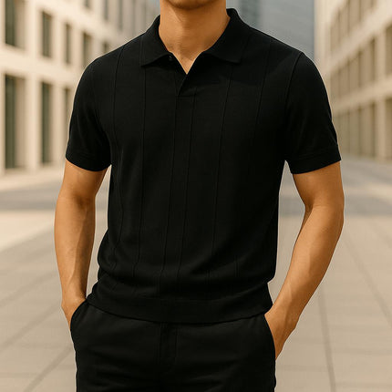 Chomba Kensington negra de rayón para hombre, tejido transpirable con cuello abierto, ideal para días cálidos.