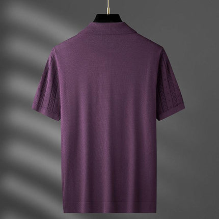 Chomba Raffaello Knit púrpura para hombre, tejido liviano con cuello Johnny abierto, ideal para moda casual elegante.