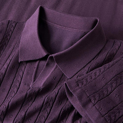 Chomba Raffaello Knit morada para hombres, tejido liviano con cuello Johnny y diseño trenzado vertical, estilo casual elegante