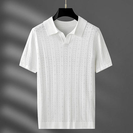 Polo tejido blanco Raffaello Knit para hombre, liviano y transpirable con cuello Johnny y detalles de punto.