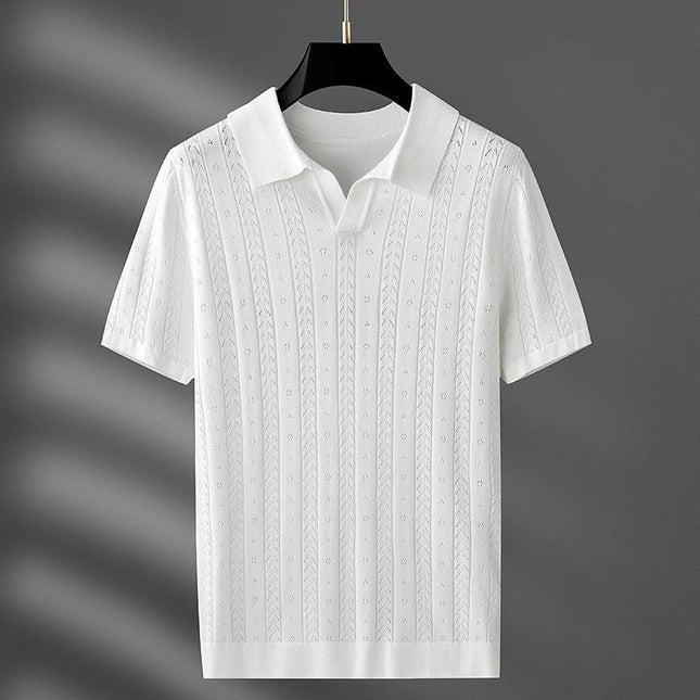 Polo tejido blanco Raffaello Knit para hombre, liviano y transpirable con cuello Johnny y detalles de punto.