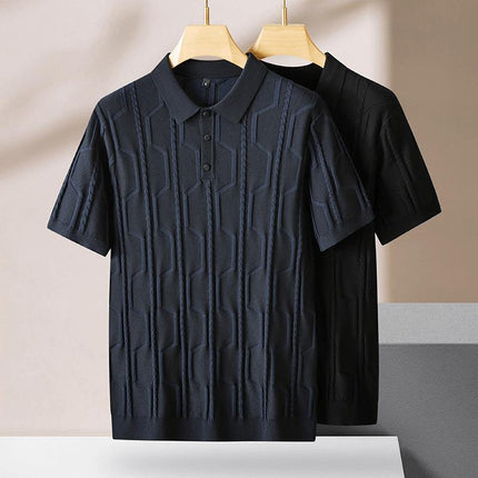 Chomba Saint Jacques azul y negra, tejido chevrón algodón liviano, estilo refinado para hombres.