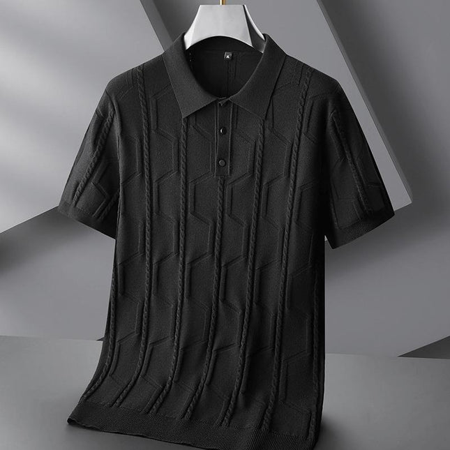 Chomba negra de algodón liviano con tejido chevrón, estilo juvenil para hombres elegantes.