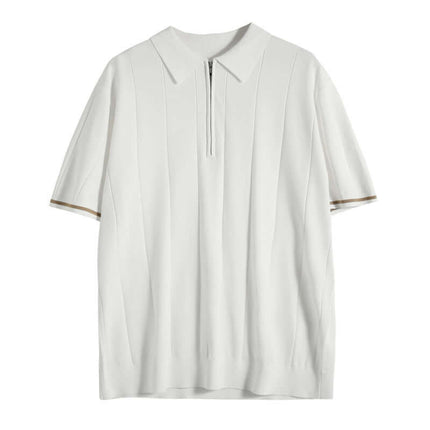 Polo Salerno Knit blanco para hombres, mezcla de algodón y rayón, diseño texturizado con cierre y detalles en mangas.