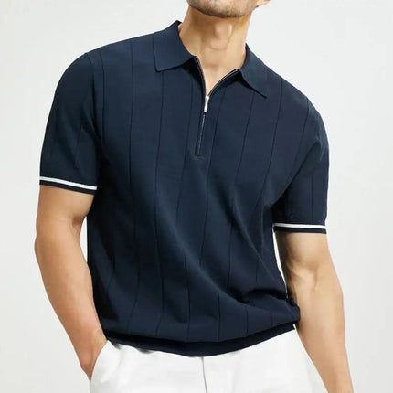 Chomba Salerno Knit azul marino, mezcla de algodón y rayón, para hombres, con rayas texturizadas y detalles en mangas.
