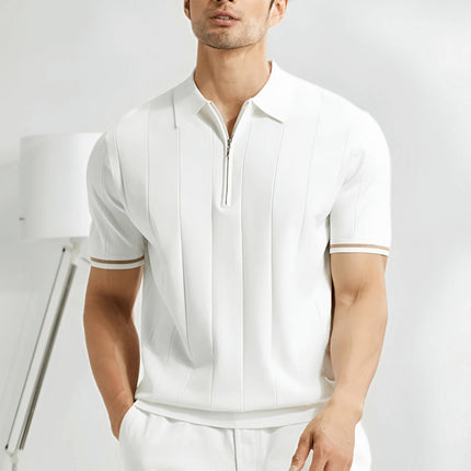 Polo Salerno Knit para hombre, blanco, algodón y rayón, cuello con cierre, detalles en contraste en mangas.
