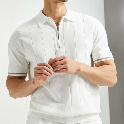 Chomba Salerno Knit blanca para hombre, mezcla de algodón y rayón, con patrón texturizado y detalles en mangas.