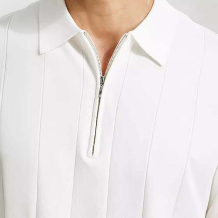 Polo Salerno Knit blanco con cierre, mezcla de algodón y rayón, rayas texturizadas, moda masculina casual.