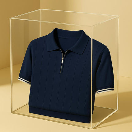 Polo azul marino Salerno Knit para hombre, mezcla de algodón y rayón, rayas texturizadas, mangas con bordes en contraste.