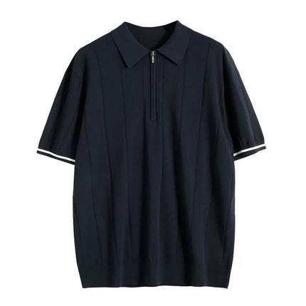 Polo azul oscuro Salerno Knit de algodón y rayón para hombres, con detalles en contraste y cierre en el cuello.