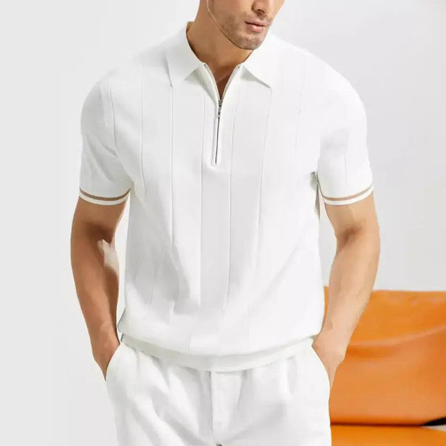 Polo blanco Salerno Knit para hombre, algodón y rayón con rayas texturizadas y detalles en contraste, estilo casual elegante.