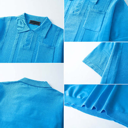 Polo tejido azul para hombres, mezcla de algodón, textura y ventilación con bolsillo frontal y bordes acanalados.