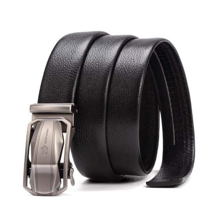Cinto de cuero genuino negro para hombres, estilo Bison Luxury, diseño elegante con hebilla metálica.