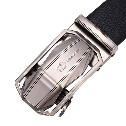 Cinto de cuero genuino negro para hombres, hebilla metálica moderna, estilo Bison Luxury.
