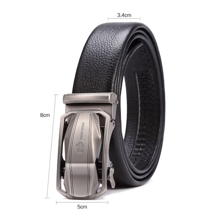 Cinto de cuero genuino negro para hombres Bison Luxury, con hebilla metálica plateada elegante, ideal para vestir.