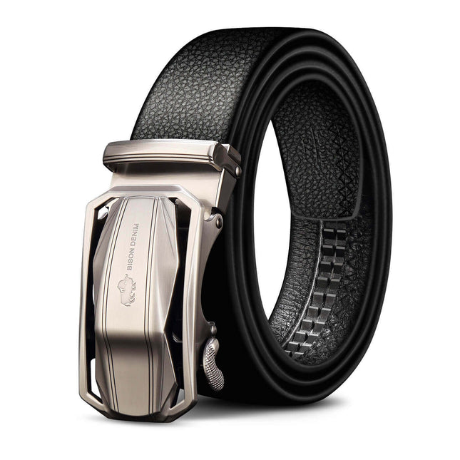 Cinto de cuero genuino negro para hombres, diseño Bison Luxury, hebilla metálica elegante, accesorio premium.
