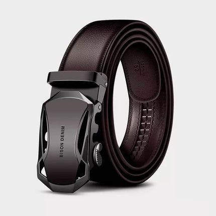 Cinto de cuero genuino Brent marrón oscuro para hombres con hebilla metálica moderna, ideal para uso diario elegante.
