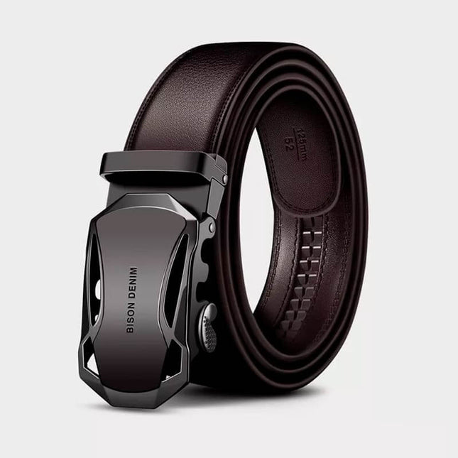 Cinto de cuero genuino Brent marrón oscuro para hombres con hebilla metálica moderna, ideal para uso diario elegante.