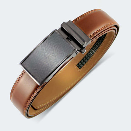 Cinto de cuero genuino marrón con hebilla negra, diseño elegante y sutil para hombres. Inspirado en la sobriedad suiza.
