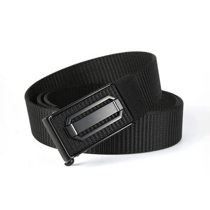 Cinto John Karlo negro de tela para hombres, hebilla rectangular metálica, estilo casual y moderno.