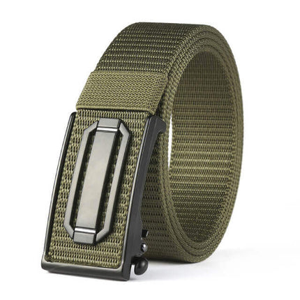 Cinto militar John Karlo, color verde oliva, hebilla metálica negra, ideal para hombres, material de nylon resistente.