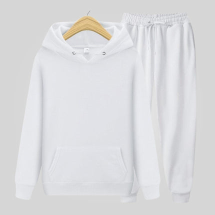 Conjunto de buzo con capucha y pantalón para hombre, color blanco, tejido suave, ideal para comodidad y estilo diario.