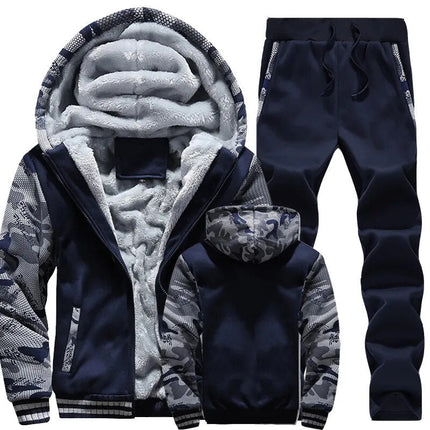Conjunto polar azul para hombre con buzo y pantalón, interior de lana fleece, estilo casual para invierno.