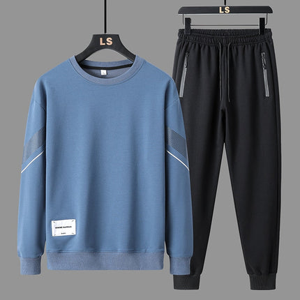 Conjunto Trucker hombre, buzo azul sin capucha, pantalón jogger negro, estilo urbano, minimalista, comodidad