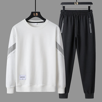 Conjunto Trucker urbano y minimalista para hombre, buzo blanco sin capucha y jogger negro, algodón, estilo moderno.