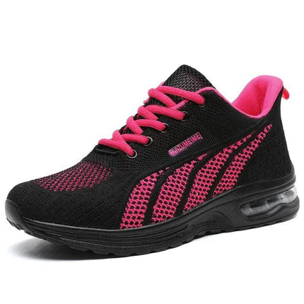 Zapatilla deportiva transpirable negra y rosa para mujeres, diseño ergonómico, suela anti-impacto, cómoda y segura.