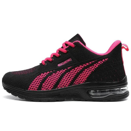 Zapatilla deportiva transpirable negra y rosa para mujer, suela anti-impacto, diseño ergonómico para máximo confort.
